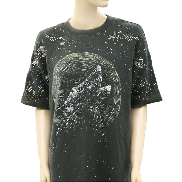 Free People We The Free Howlin' Tee Tunic Top Graphic Printed Studded XL 283874 - Picture 7 of 9